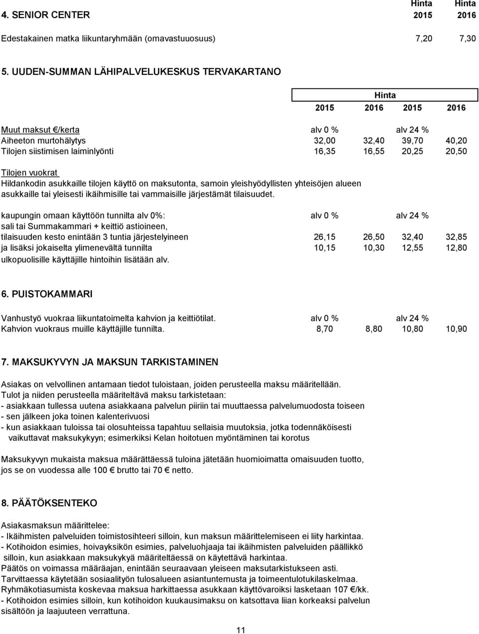 20,50 Tilojen vuokrat Hildankodin asukkaille tilojen käyttö on maksutonta, samoin yleishyödyllisten yhteisöjen alueen asukkaille tai yleisesti ikäihmisille tai vammaisille järjestämät tilaisuudet.