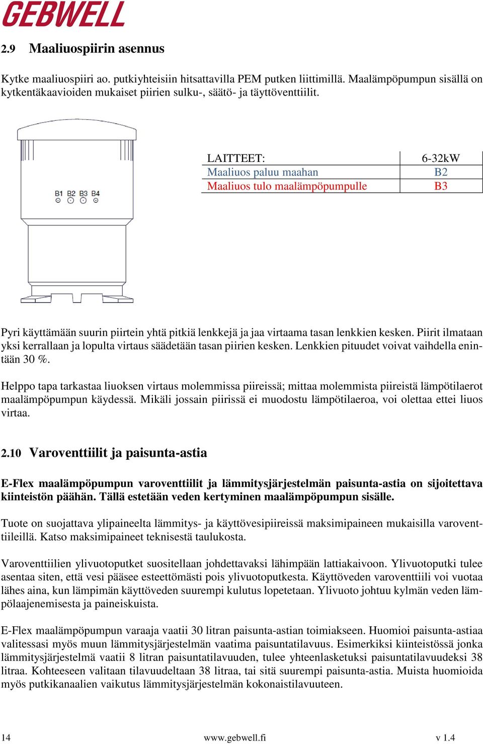 LAITTEET: Maaliuos paluu maahan Maaliuos tulo maalämpöpumpulle 6-32kW B2 B3 Pyri käyttämään suurin piirtein yhtä pitkiä lenkkejä ja jaa virtaama tasan lenkkien kesken.