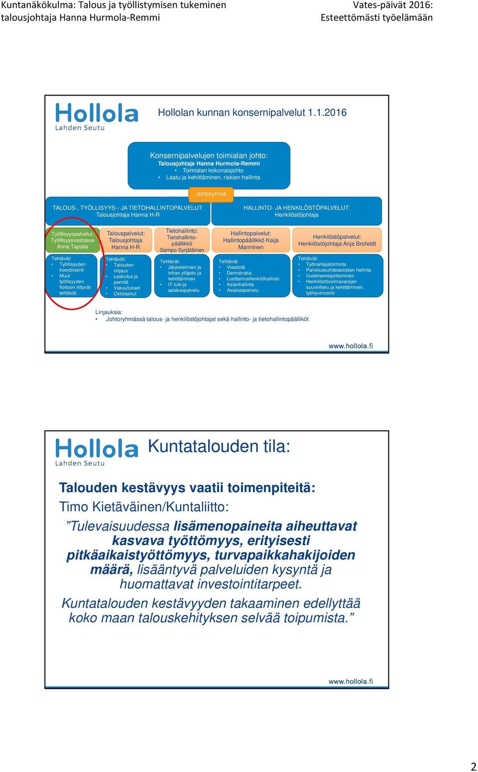 Talousjohtaja Hanna H-R HALLINTO- JA HENKILÖSTÖPALVELUT: Henkilöstöjohtaja Työllisyyspalvelut: Työllisyysvastaava Anne Tapaila Talouspalvelut: Talousjohtaja Hanna H-R Tietohallinto: