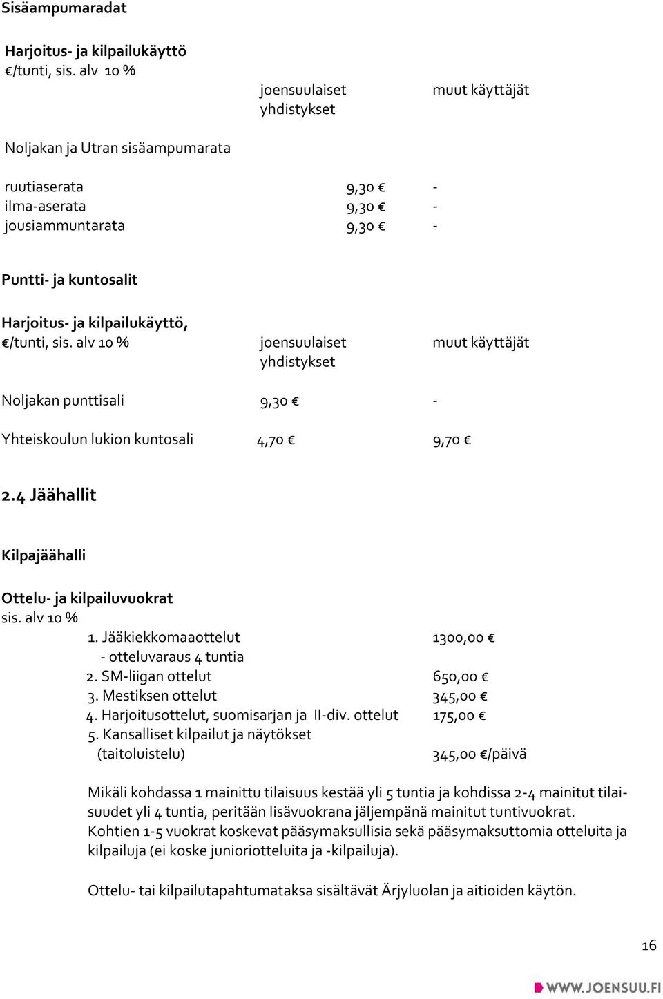 /tunti, sis. alv 10 % joensuulaiset muut käyttäjät yhdistykset Noljakan punttisali 9,30 - Yhteiskoulun lukion kuntosali 4,70 9,70 2.4 Jäähallit Kilpajäähalli Ottelu- ja kilpailuvuokrat sis.