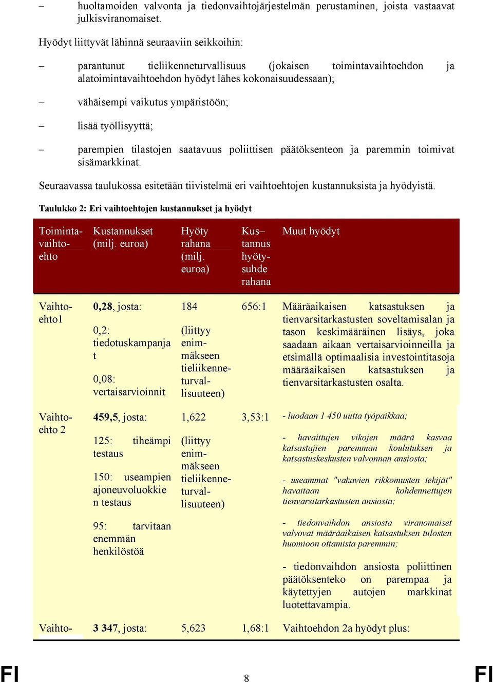 ympäristöön; lisää työllisyyttä; parempien tilastojen saatavuus poliittisen päätöksenteon ja paremmin toimivat sisämarkkinat.