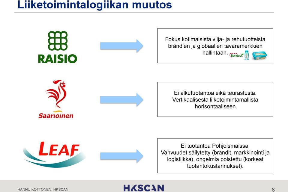 Vertikaalisesta liiketoimintamallista horisontaaliseen. Ei tuotantoa Pohjoismaissa.