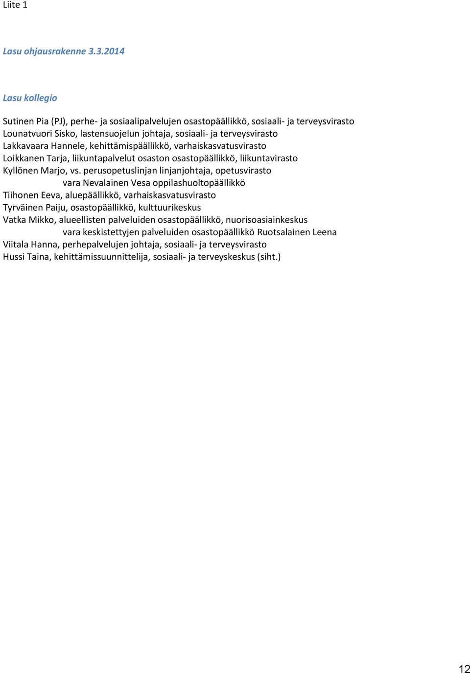Hannele, kehittämispäällikkö, varhaiskasvatusvirasto Loikkanen Tarja, liikuntapalvelut osaston osastopäällikkö, liikuntavirasto Kyllönen Marjo, vs.
