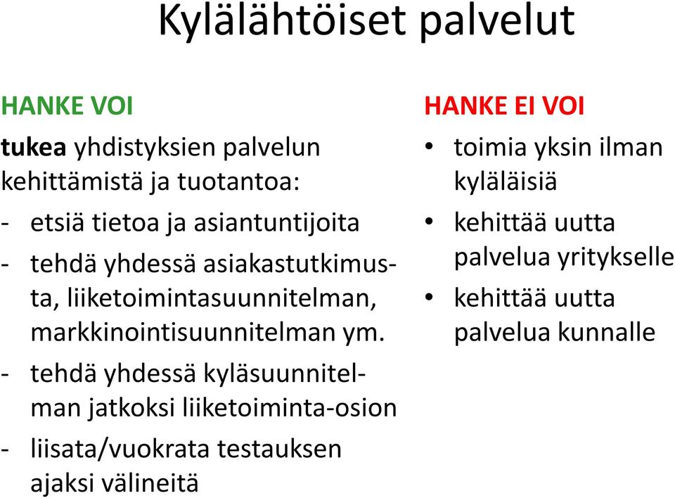 - tehdä yhdessä kyläsuunnitelman jatkoksi liiketoiminta-osion - liisata/vuokrata testauksen ajaksi välineitä