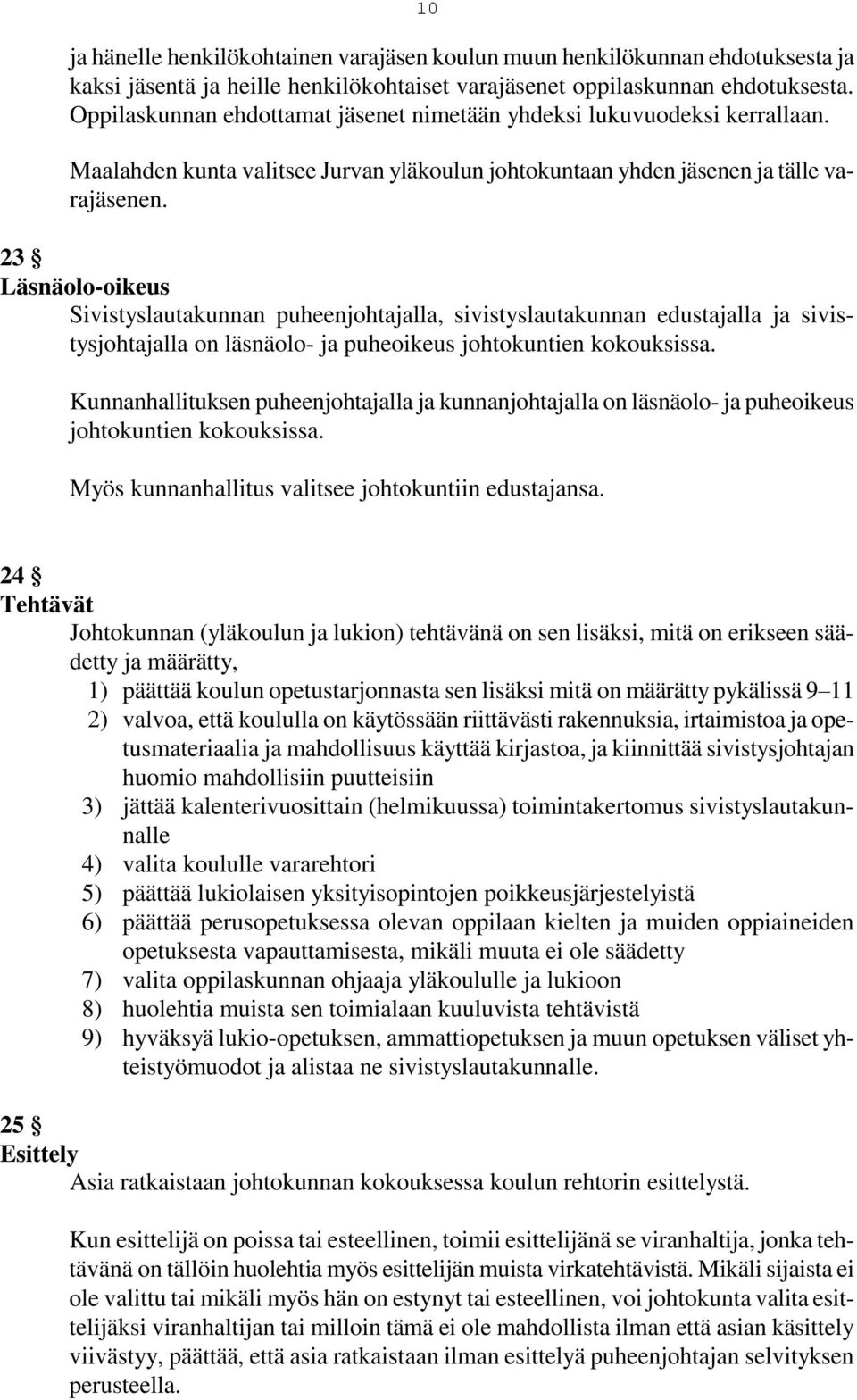 23 Läsnäolo-oikeus Sivistyslautakunnan puheenjohtajalla, sivistyslautakunnan edustajalla ja sivistysjohtajalla on läsnäolo- ja puheoikeus johtokuntien kokouksissa.