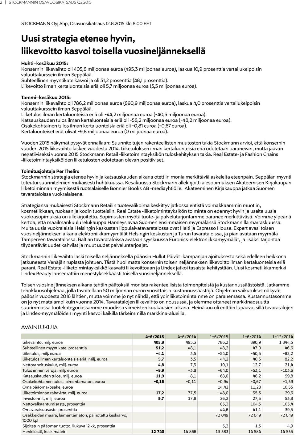 vertailukelpoisin valuuttakurssein ilman Seppälää. Suhteellinen myyntikate kasvoi ja oli 51,2 prosenttia (48,1 prosenttia).