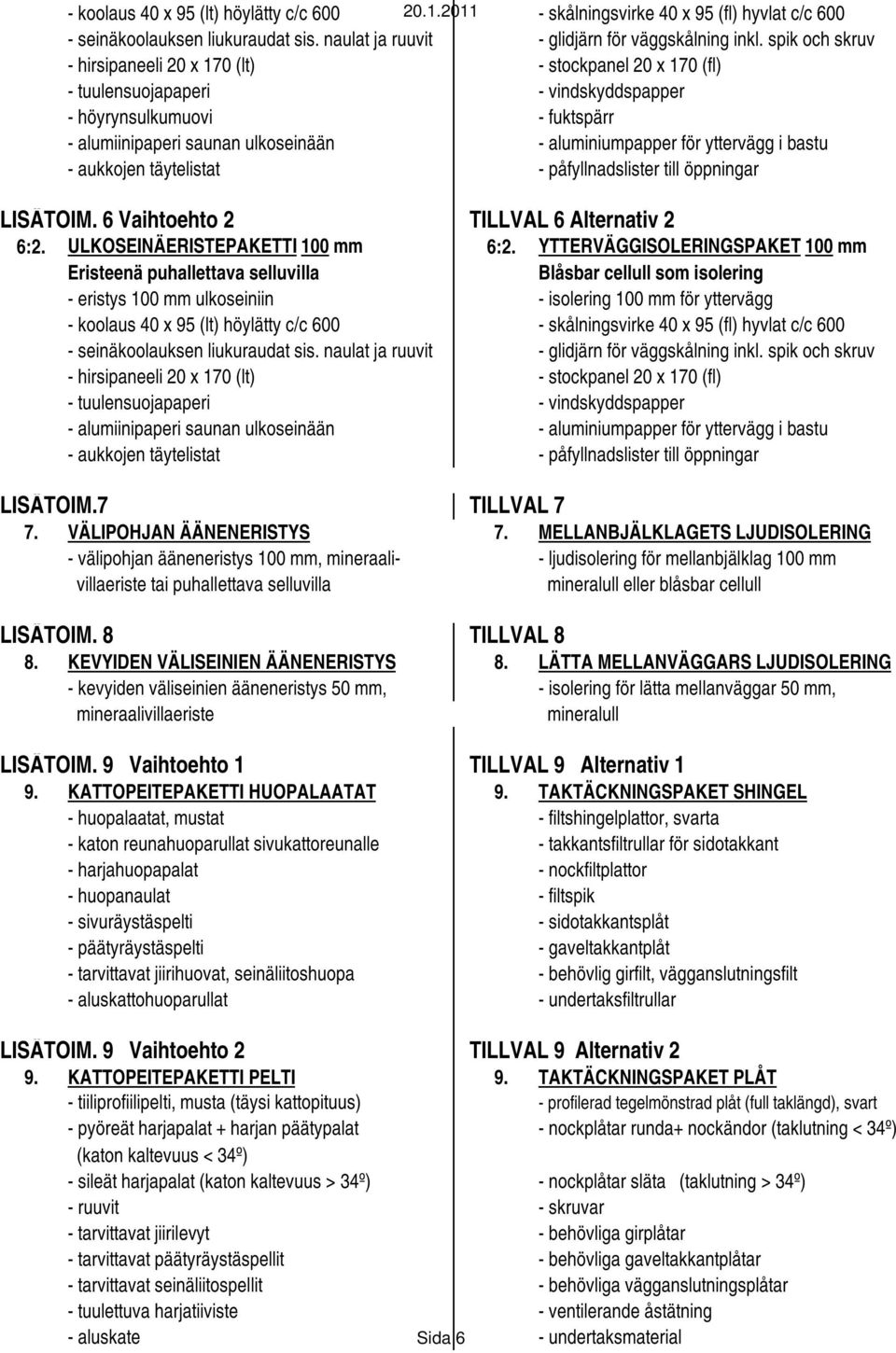 yttervägg i bastu - aukkojen täytelistat - påfyllnadslister till öppningar LISÄTOIM. 6 Vaihtoehto 2 TILLVAL 6 Alternativ 2 6:2. ULKOSEINÄERISTEPAKETTI 100 mm 6:2.