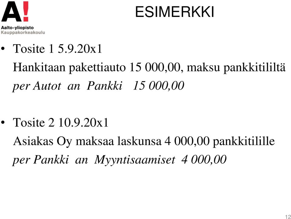 pankkitililtä per Autot an Pankki 15 000,00 Tosite 2