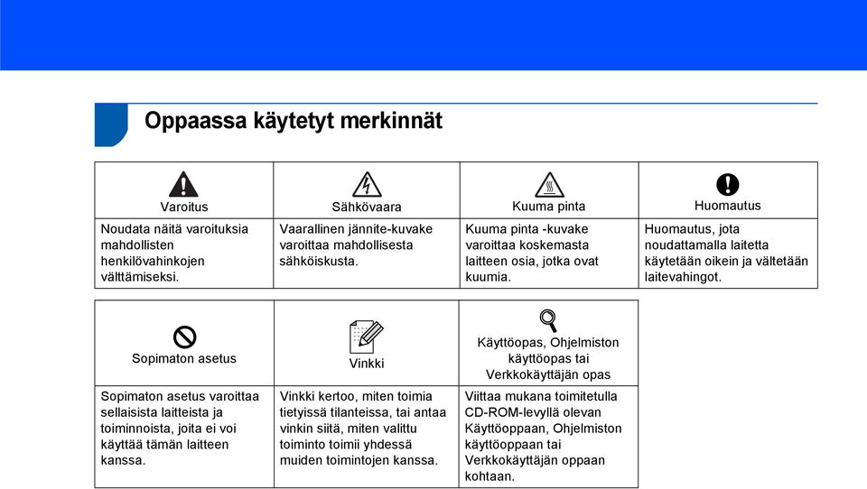 Huomautus, jota noudattamalla laitetta käytetään oikein ja vältetään laitevahingot.