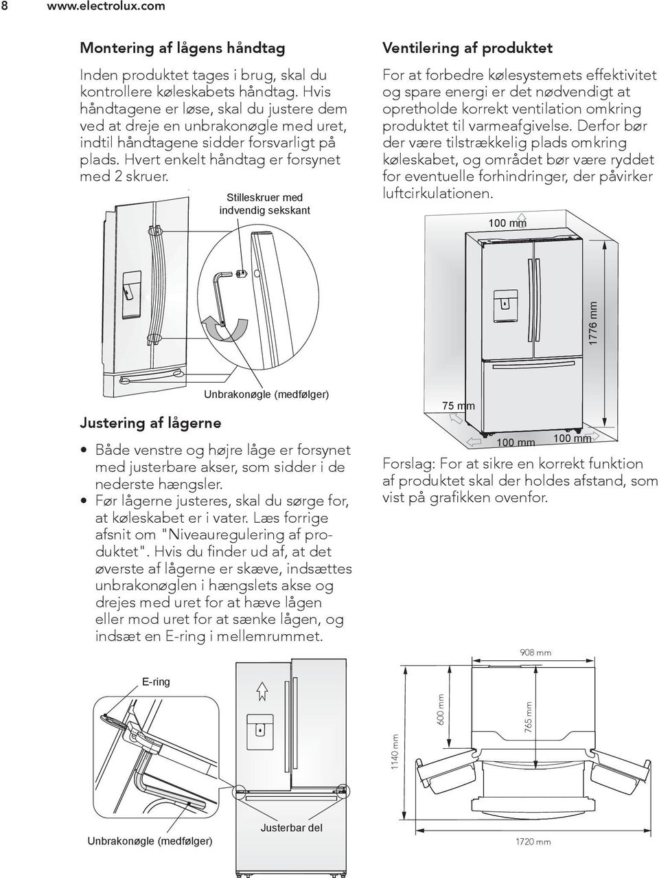 Stilleskruer med indvendig sekskant Ventilering af produktet For at forbedre kølesystemets effektivitet og spare energi er det nødvendigt at opretholde korrekt ventilation omkring produktet til