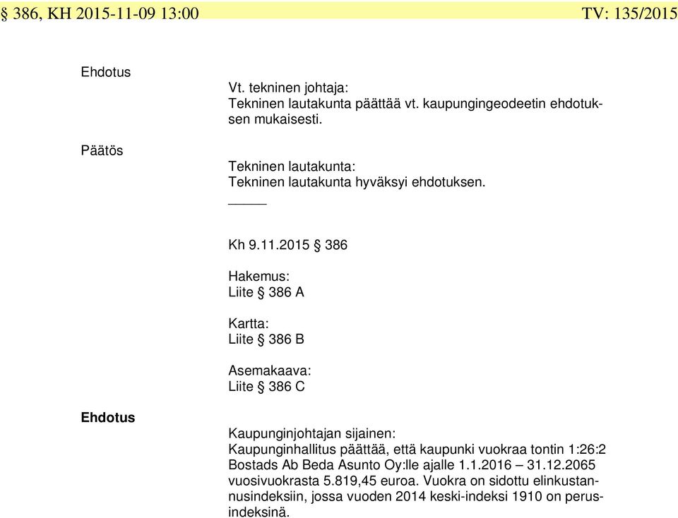 .0 Hakemus: Liite A Kartta: Liite B Asemakaava: Liite C Kaupunginjohtajan sijainen: Kaupunginhallitus päättää, että