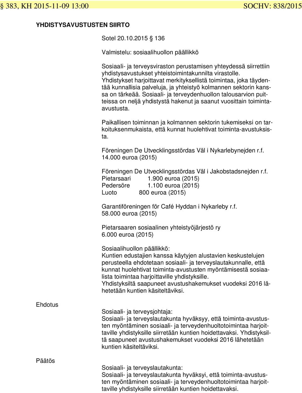 Sosiaali- ja terveydenhuollon talousarvion puitteissa on neljä yhdistystä hakenut ja saanut vuosittain toimintaavustusta.