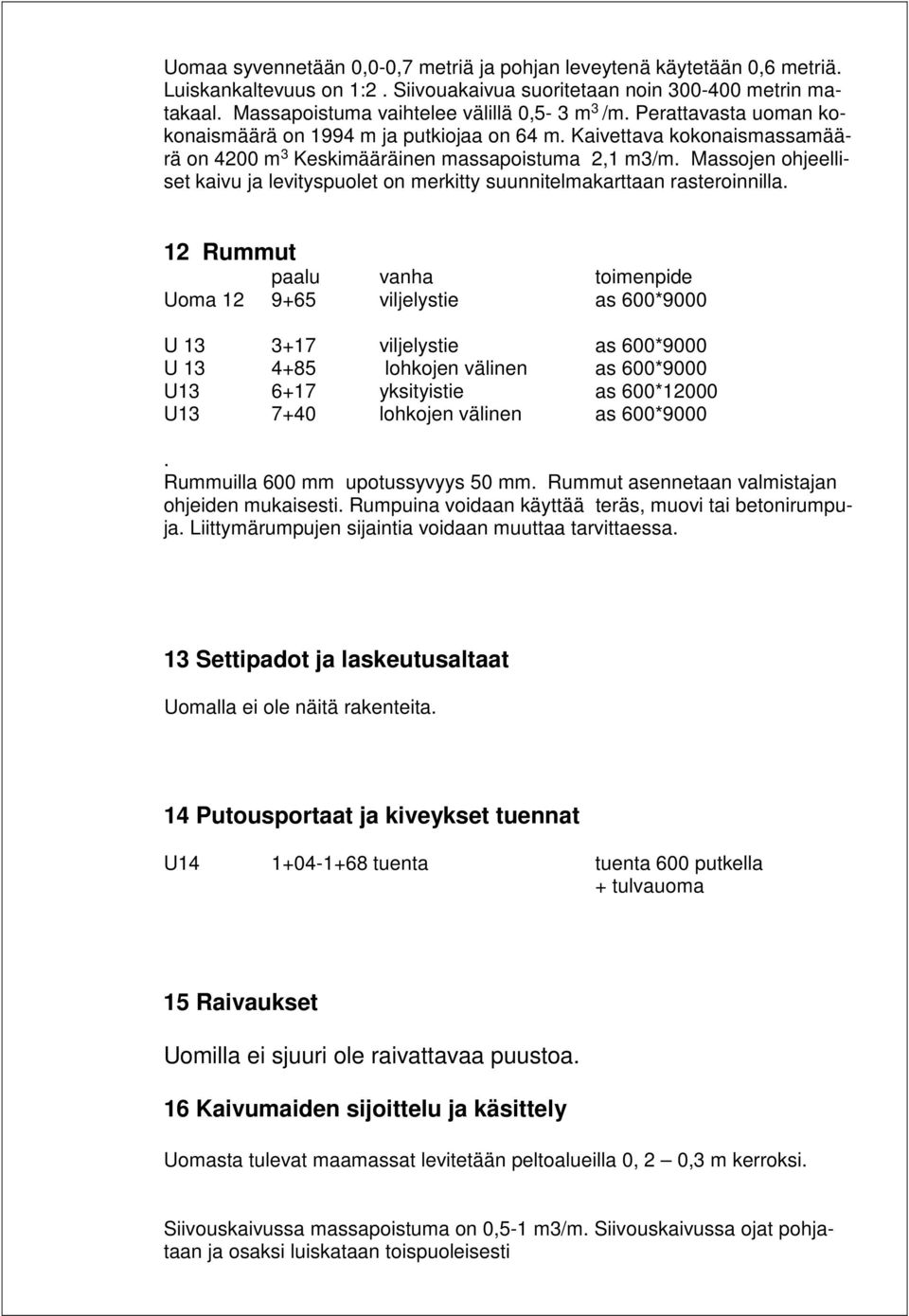 Massojen ohjeelliset kaivu ja levityspuolet on merkitty suunnitelmakarttaan rasteroinnilla.