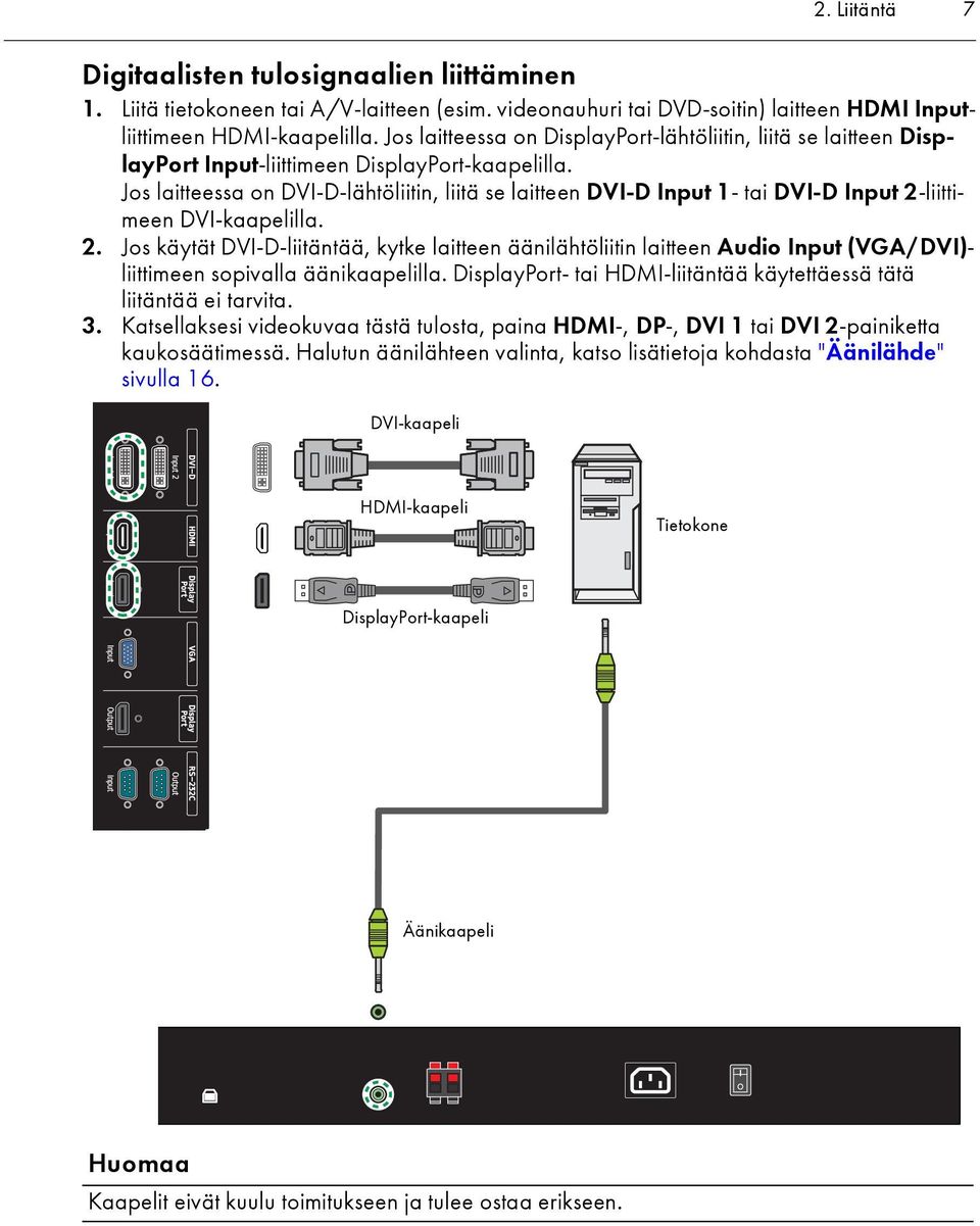 Jos laitteessa on DVI-D-lähtöliitin, liitä se laitteen DVI-D Input 1- tai DVI-D Input 2-