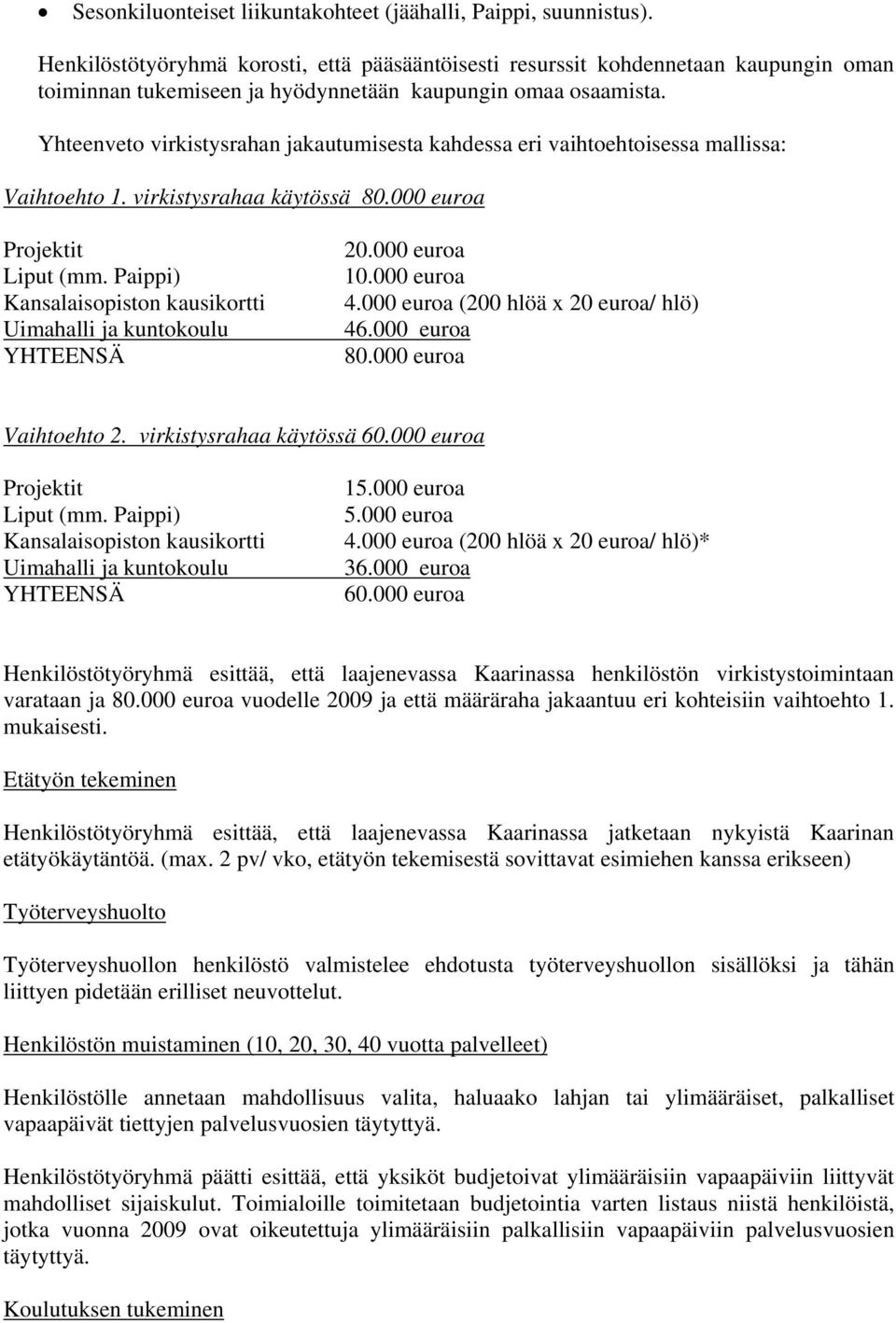 Yhteenveto virkistysrahan jakautumisesta kahdessa eri vaihtoehtoisessa mallissa: Vaihtoehto 1. virkistysrahaa käytössä 80.000 euroa Projektit Liput (mm.