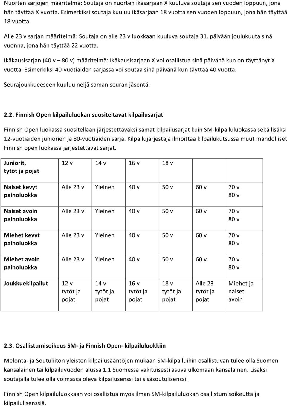 päivään joulukuuta sinä vuonna, jona hän täyttää 22 vuotta. Ikäkausisarjan (40 v 80 v) määritelmä: Ikäkausisarjaan X voi osallistua sinä päivänä kun on täyttänyt X vuotta.