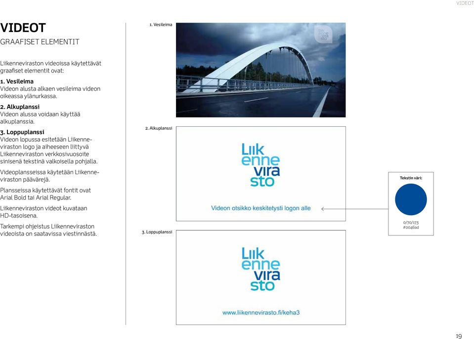 Loppuplanssi Videon lopussa esitetään Liikenneviraston logo ja aiheeseen liittyvä Liikenneviraston verkkosivuosoite sinisenä tekstinä valkoisella pohjalla.