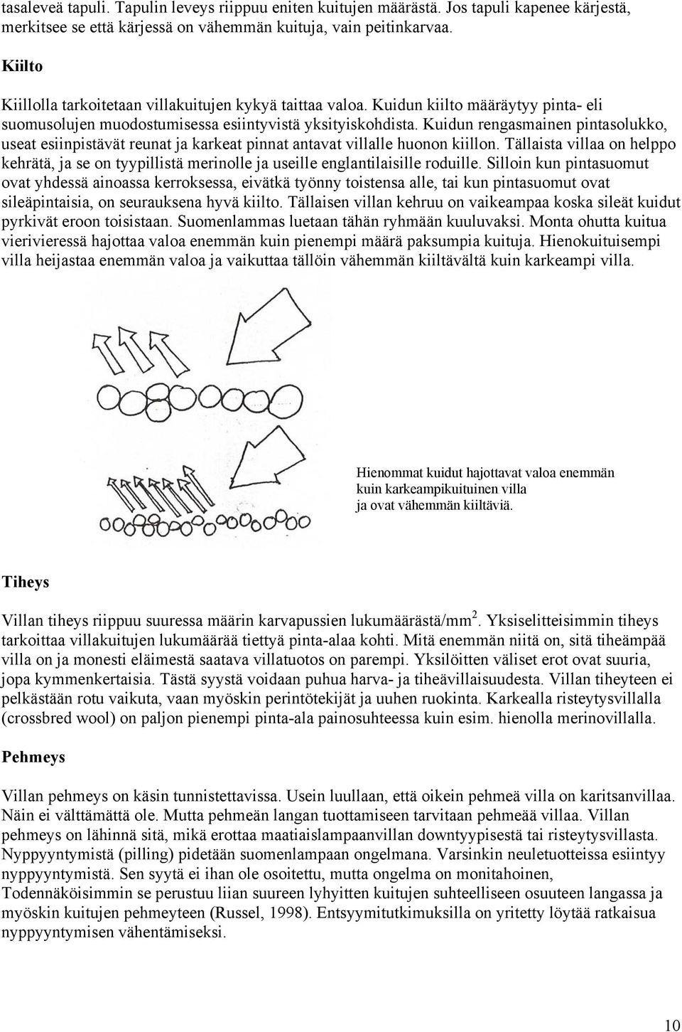 Kuidun rengasmainen pintasolukko, useat esiinpistävät reunat ja karkeat pinnat antavat villalle huonon kiillon.