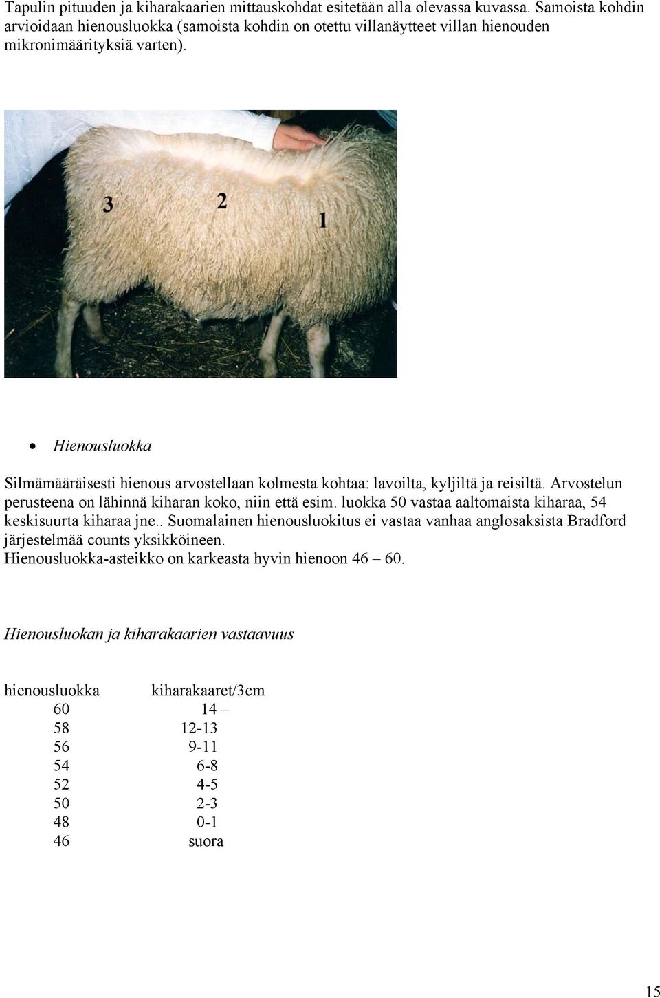 Hienousluokka Silmämääräisesti hienous arvostellaan kolmesta kohtaa: lavoilta, kyljiltä ja reisiltä. Arvostelun perusteena on lähinnä kiharan koko, niin että esim.