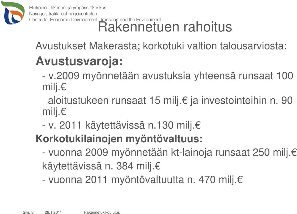 90 milj. - v. 2011 käytettävissä n.130 milj.