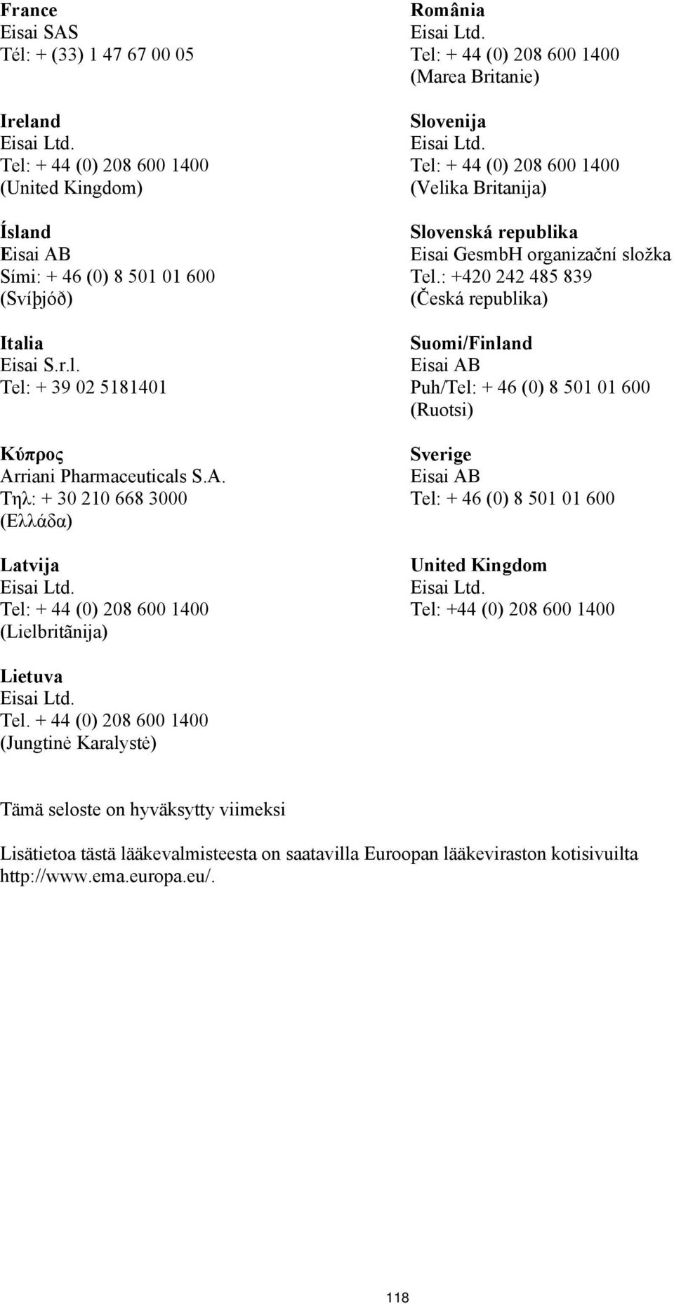 : +420 242 485 839 (Česká republika) Suomi/Finland Puh/Tel: + 46 (0) 8 501 01 600 (Ruotsi) Sverige Tel: + 46 (0) 8 501 01 600 United Kingdom Tel: +44 (0) 208 600 1400 Lietuva Tel.
