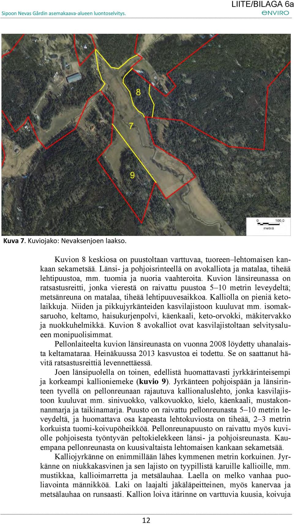 Kuvion länsireunassa on ratsastusreitti, jonka vierestä on raivattu puustoa 5 10 metrin leveydeltä; metsänreuna on matalaa, tiheää lehtipuuvesaikkoa. Kalliolla on pieniä ketolaikkuja.