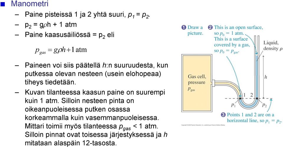 nesteen (usein elohopeaa) tiheys tiedetään. Kuvan tilanteessa kaasun paine on suurempi kuin 1 atm.