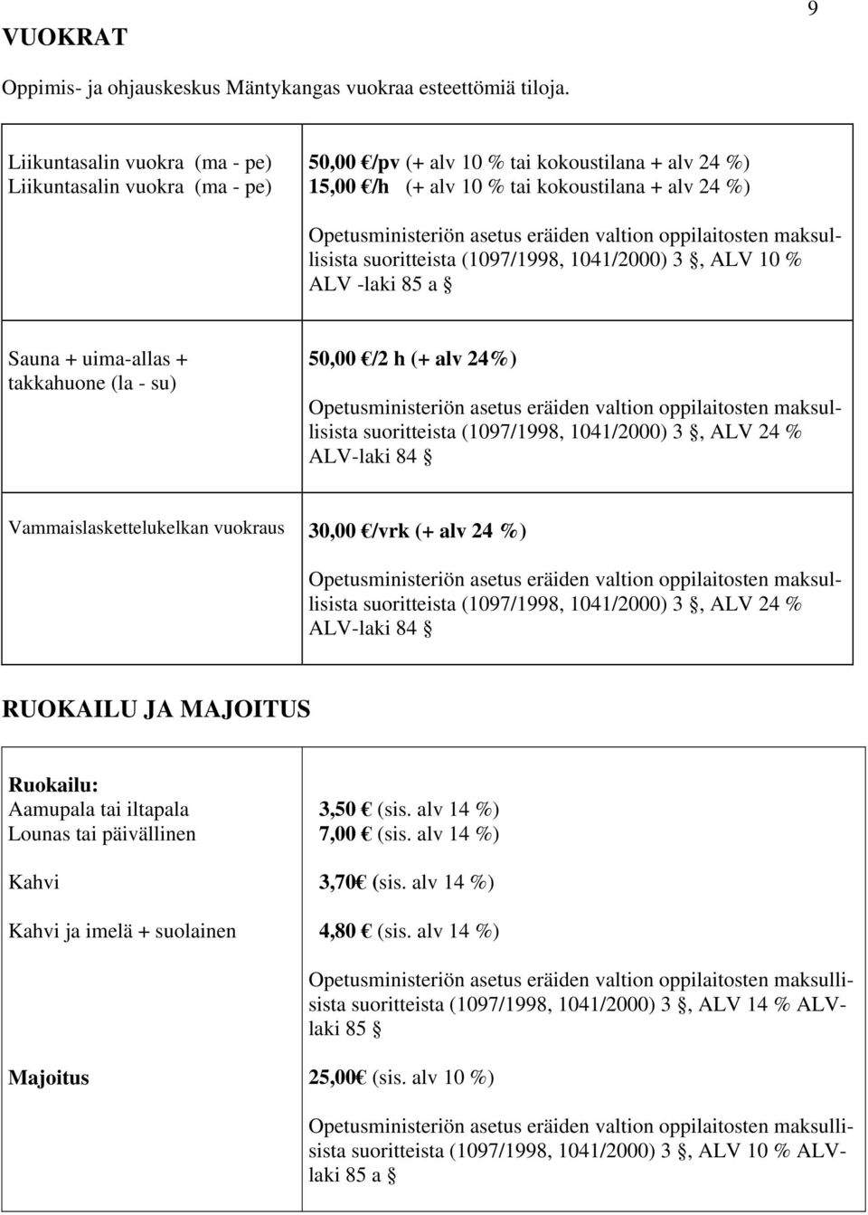 1041/2000) 3, ALV 10 % ALV -laki 85 a Sauna + uima-allas + takkahuone (la - su) 50,00 /2 h (+ alv 24%) Vammaislaskettelukelkan vuokraus 30,00 /vrk (+ alv 24 %) RUOKAILU JA MAJOITUS Ruokailu: