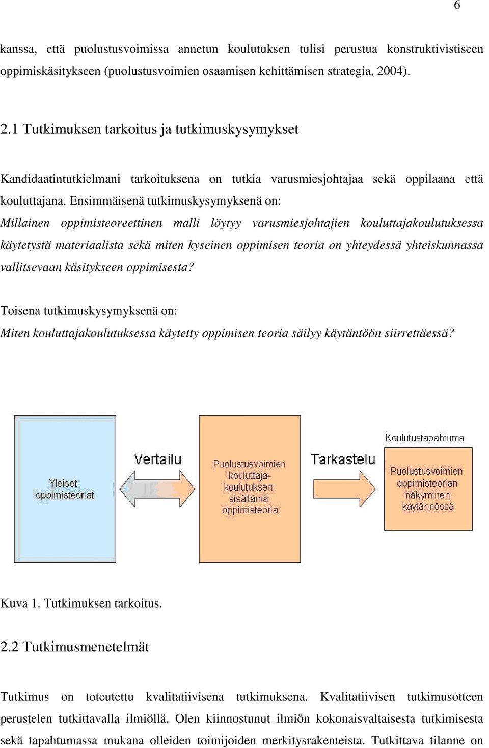Ensimmäisenä tutkimuskysymyksenä on: Millainen oppimisteoreettinen malli löytyy varusmiesjohtajien kouluttajakoulutuksessa käytetystä materiaalista sekä miten kyseinen oppimisen teoria on yhteydessä