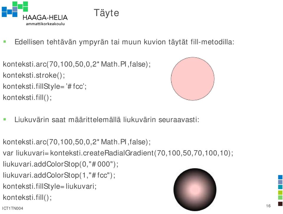 fill(); Liukuvärin saat määrittelemällä liukuvärin seuraavasti: konteksti.arc(70,100,50,0,2*math.