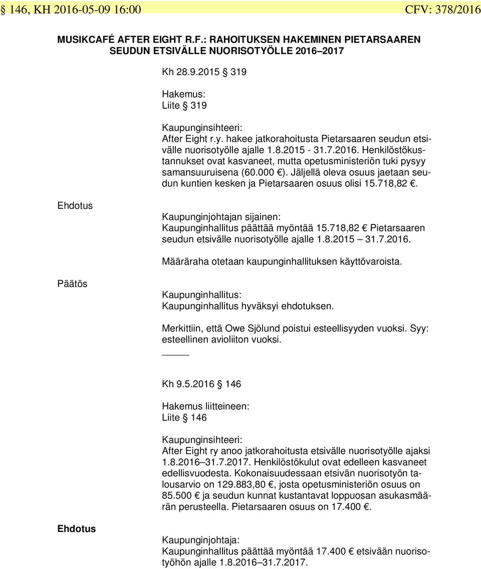 Jäljellä oleva osuus jaetaan seudun kuntien kesken ja Pietarsaaren osuus olisi 15.718,82. Kaupunginjohtajan sijainen: Kaupunginhallitus päättää myöntää 15.