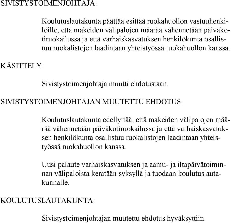 SIVISTYSTOIMENJOHTAJAN MUUTETTU EHDOTUS: Koulutuslautakunta edellyttää, että makeiden välipalojen määrää vähennetään päiväkotiruokailussa ja että var hais kas va tuksen henkilökunta osallistuu