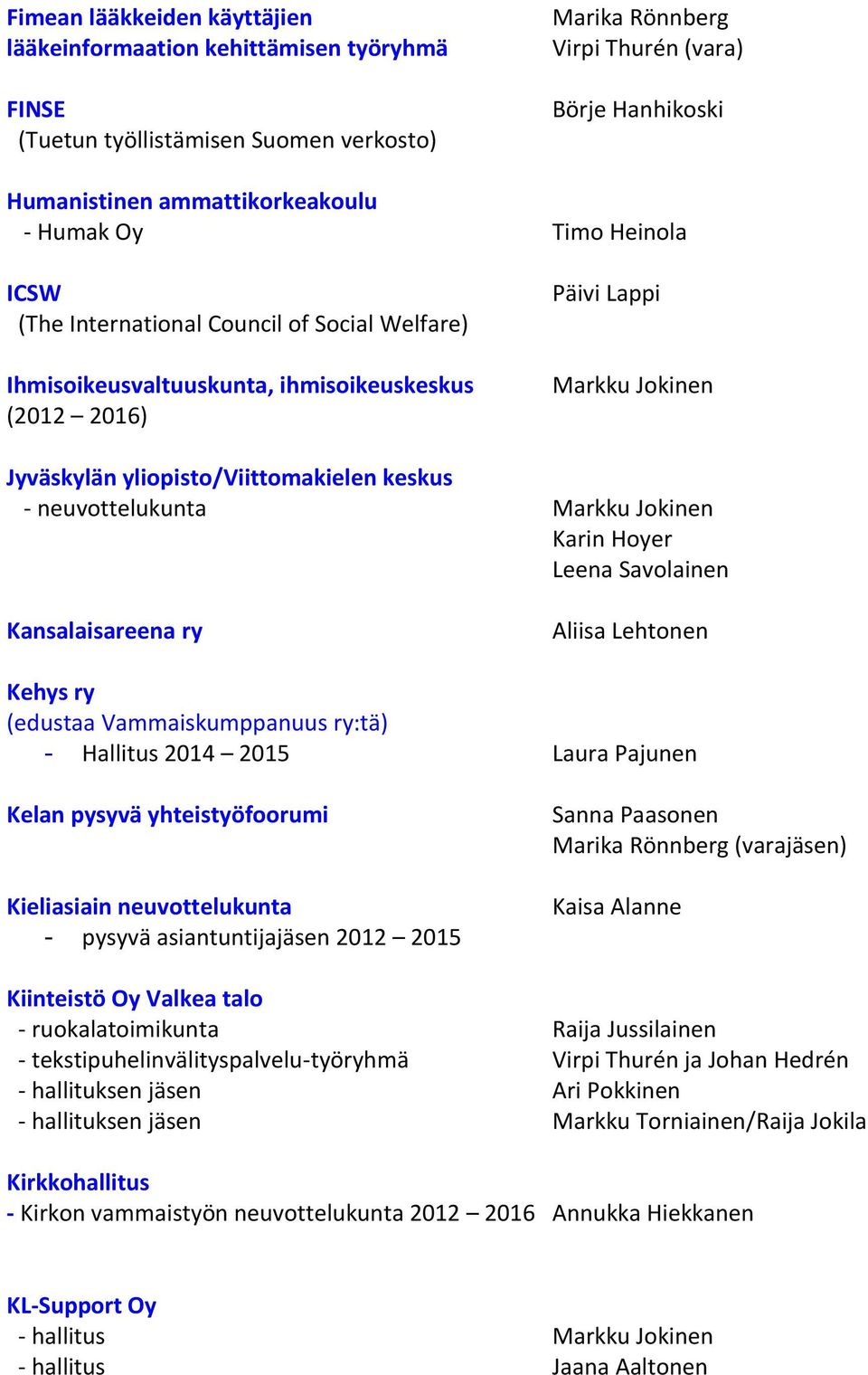 Savolainen Kansalaisareena ry Aliisa Lehtonen Kehys ry (edustaa Vammaiskumppanuus ry:tä) - Hallitus 2014 2015 Laura Pajunen Kelan pysyvä yhteistyöfoorumi Kieliasiain neuvottelukunta - pysyvä