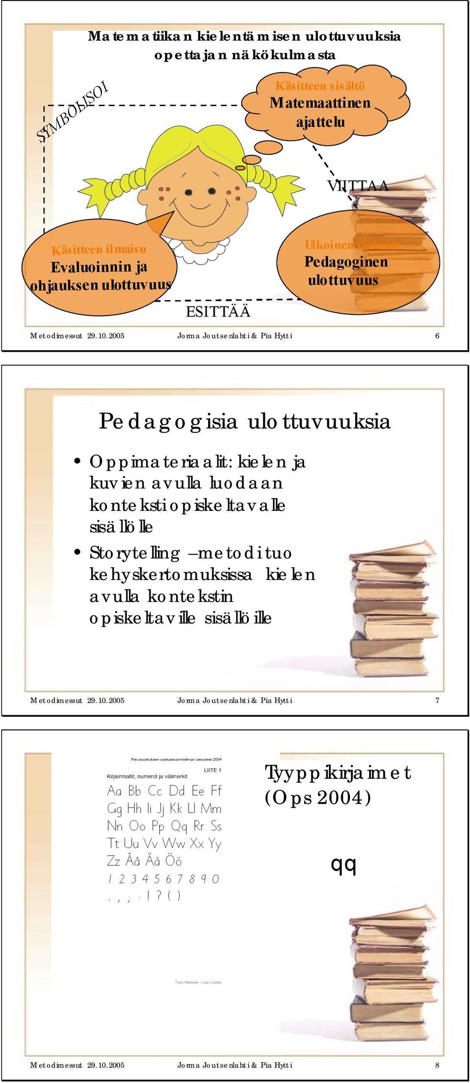 2005 Jorma Joutsenlahti & Pia Hytti 6 Pedagogisia ulottuvuuksia Oppimateriaalit: kielen ja kuv ien avulla luodaan konteksti opiskeltavalle sisällölle
