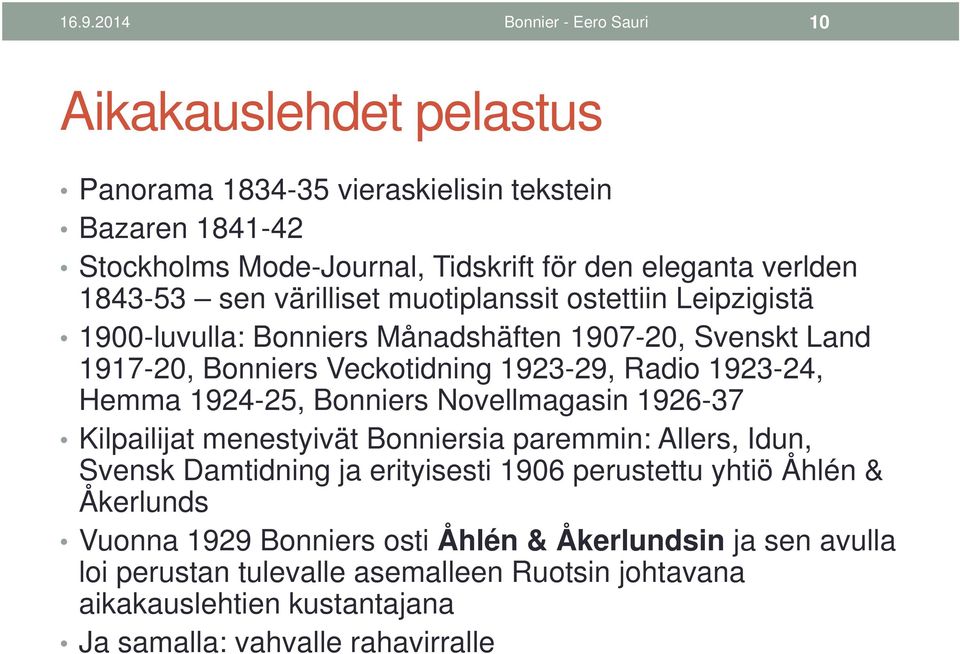 Hemma 1924-25, Bonniers Novellmagasin 1926-37 Kilpailijat menestyivät Bonniersia paremmin: Allers, Idun, Svensk Damtidning ja erityisesti 1906 perustettu yhtiö Åhlén &