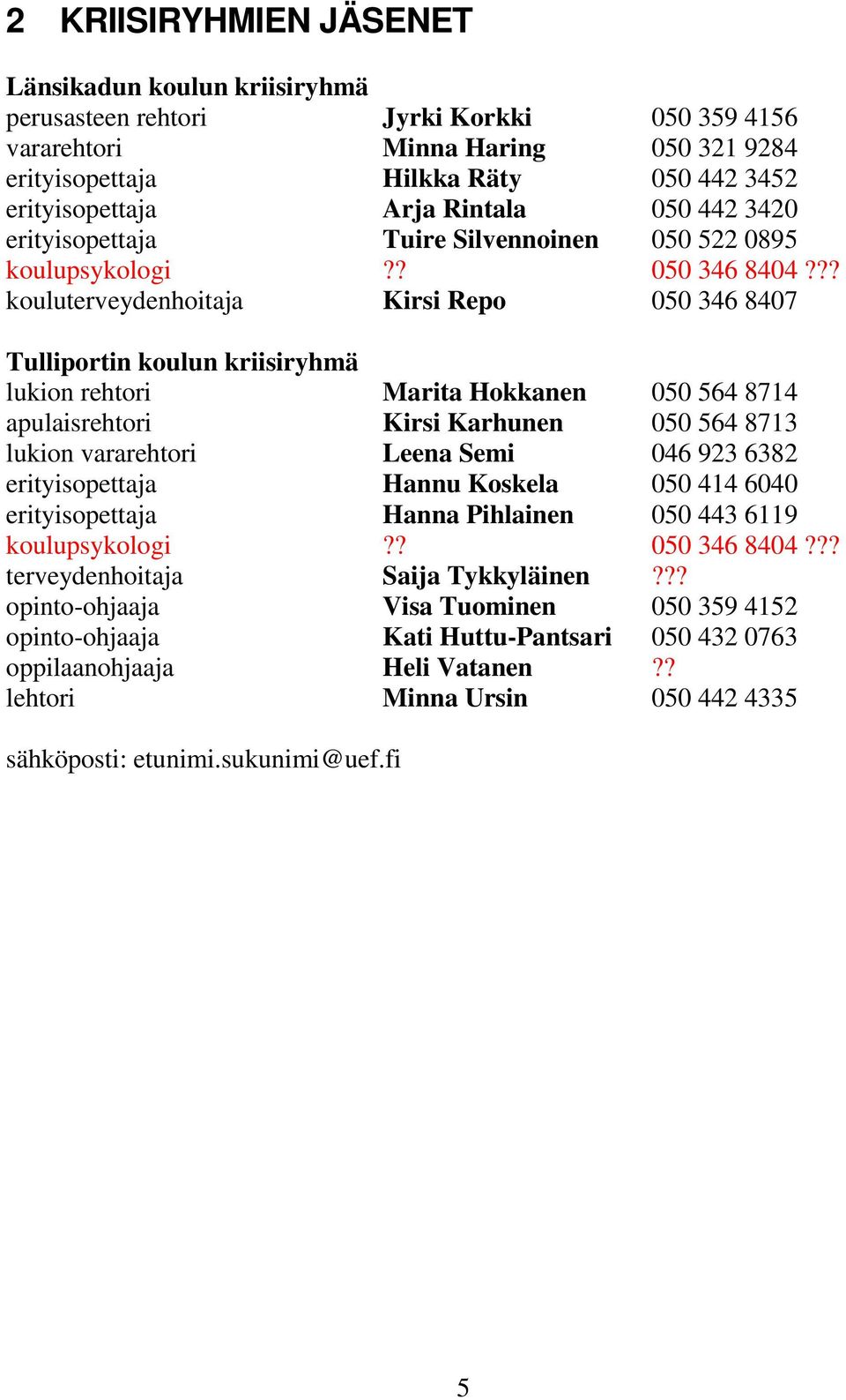 ?? kouluterveydenhoitaja Kirsi Repo 050 346 8407 Tulliportin koulun kriisiryhmä lukion rehtori Marita Hokkanen 050 564 8714 apulaisrehtori Kirsi Karhunen 050 564 8713 lukion vararehtori Leena Semi