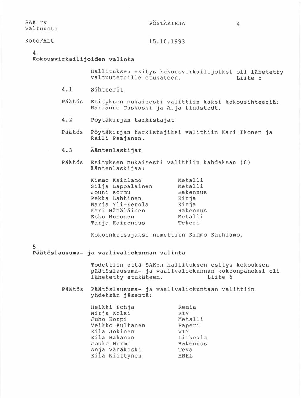 2 Pöytäkirjan tarkistajat Päätös Pöytäkirjan tarkistajiksi valittiin Kari Ikonen ja Raili Paajanen. 4.