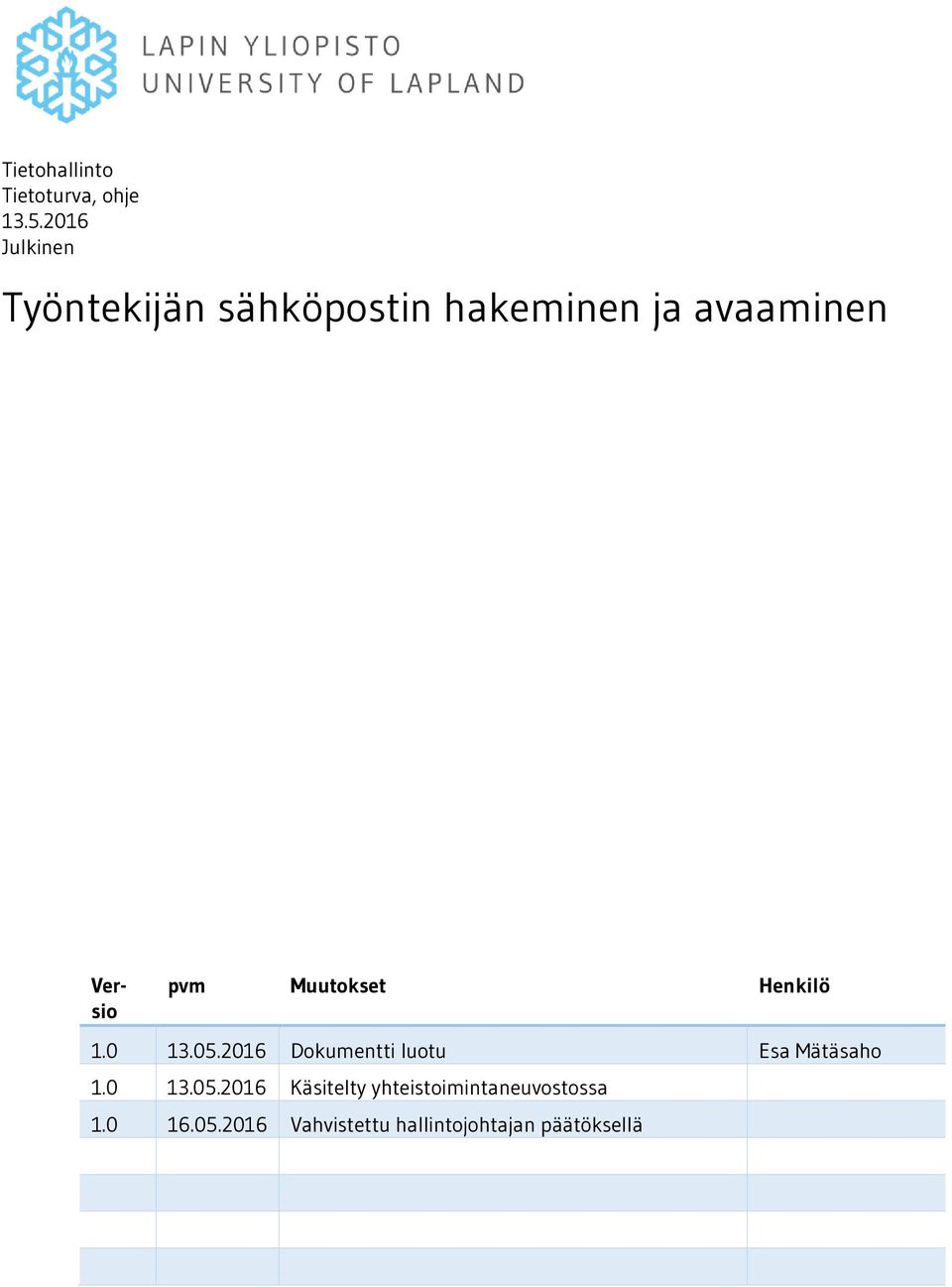 pvm Muutokset Henkilö 1.0 13.05.2016 Dokumentti luotu Esa Mätäsaho 1.