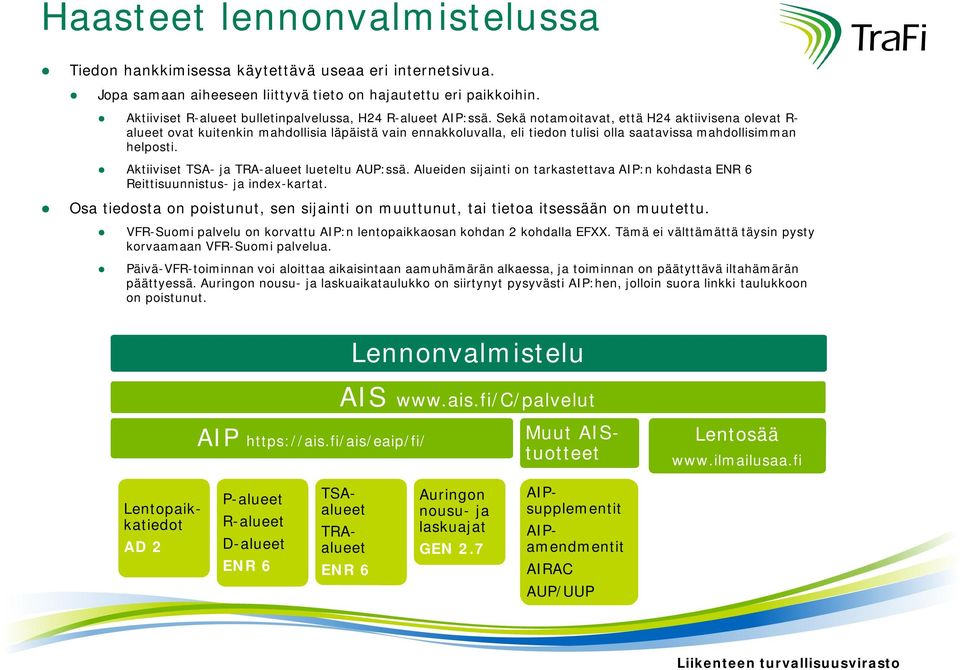 Sekä notamoitavat, että H24 aktiivisena olevat R- alueet ovat kuitenkin mahdollisia läpäistä vain ennakkoluvalla, eli tiedon tulisi olla saatavissa mahdollisimman helposti.