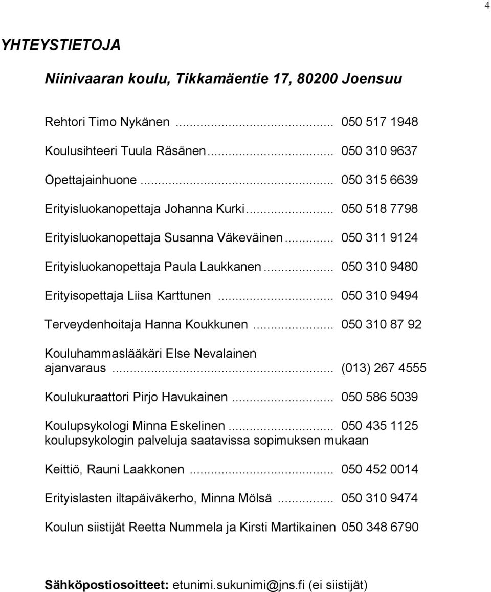 .. 050 310 9480 Erityisopettaja Liisa Karttunen... 050 310 9494 Terveydenhoitaja Hanna Koukkunen... 050 310 87 92 Kouluhammaslääkäri Else Nevalainen ajanvaraus.