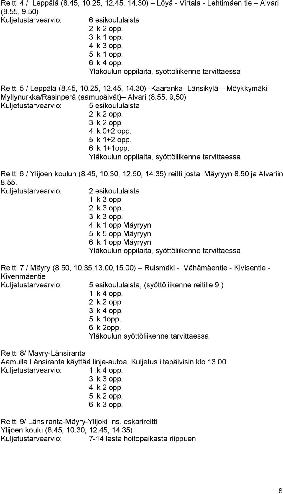 55, 9,50) Kuljetustarvearvio: 5 esikoululaista 2 lk 2 opp. 3 lk 2 opp. 4 lk 0+2 opp. 5 lk 1+2 opp. 6 lk 1+1opp. Yläkoulun oppilaita, syöttöliikenne tarvittaessa Reitti 6 / Ylijoen koulun (8.45, 10.
