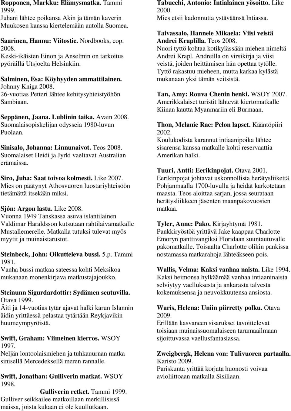 Seppänen, Jaana. Lublinin taika. Avain Suomalaisopiskelijan odysseia 1980-luvun Puolaan. Sinisalo, Johanna: Linnunaivot. Teos Suomalaiset Heidi ja Jyrki vaeltavat Australian erämaissa.