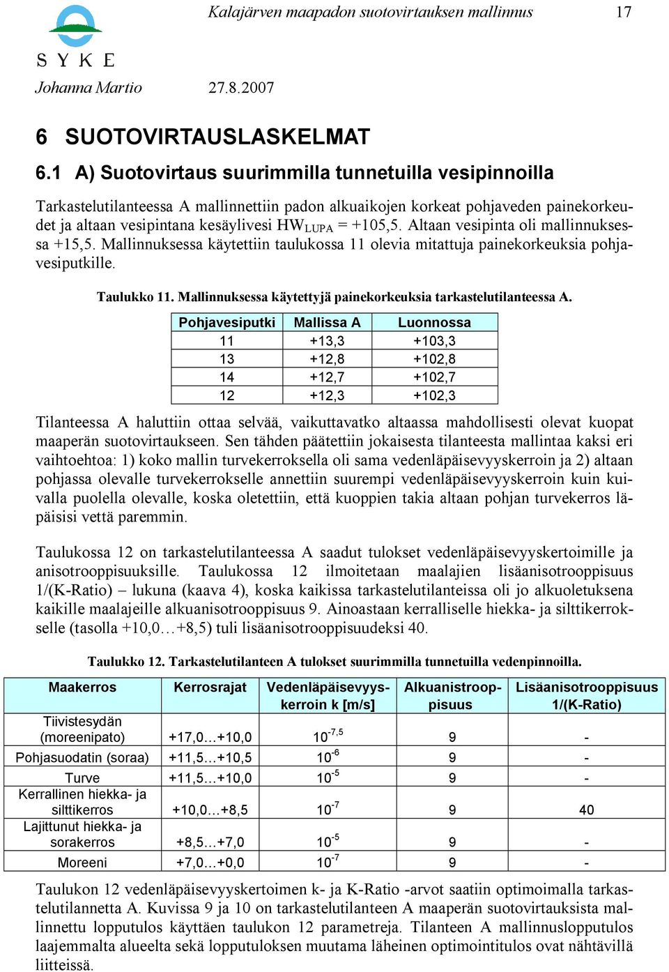 Altaan vesipinta oli mallinnuksessa +15,5. Mallinnuksessa käytettiin taulukossa 11 olevia mitattuja painekorkeuksia pohjavesiputkille. Taulukko 11.