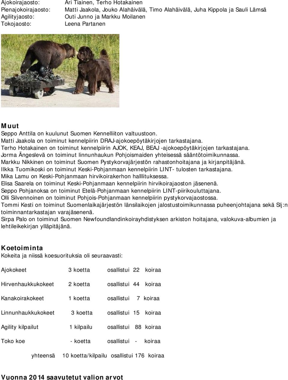 Terho Hotakainen on toiminut kennelpiirin AJOK, KEAJ, BEAJ -ajokoepöytäkirjojen tarkastajana. Jorma Ängeslevä on toiminut linnunhaukun Pohjoismaiden yhteisessä sääntötoimikunnassa.