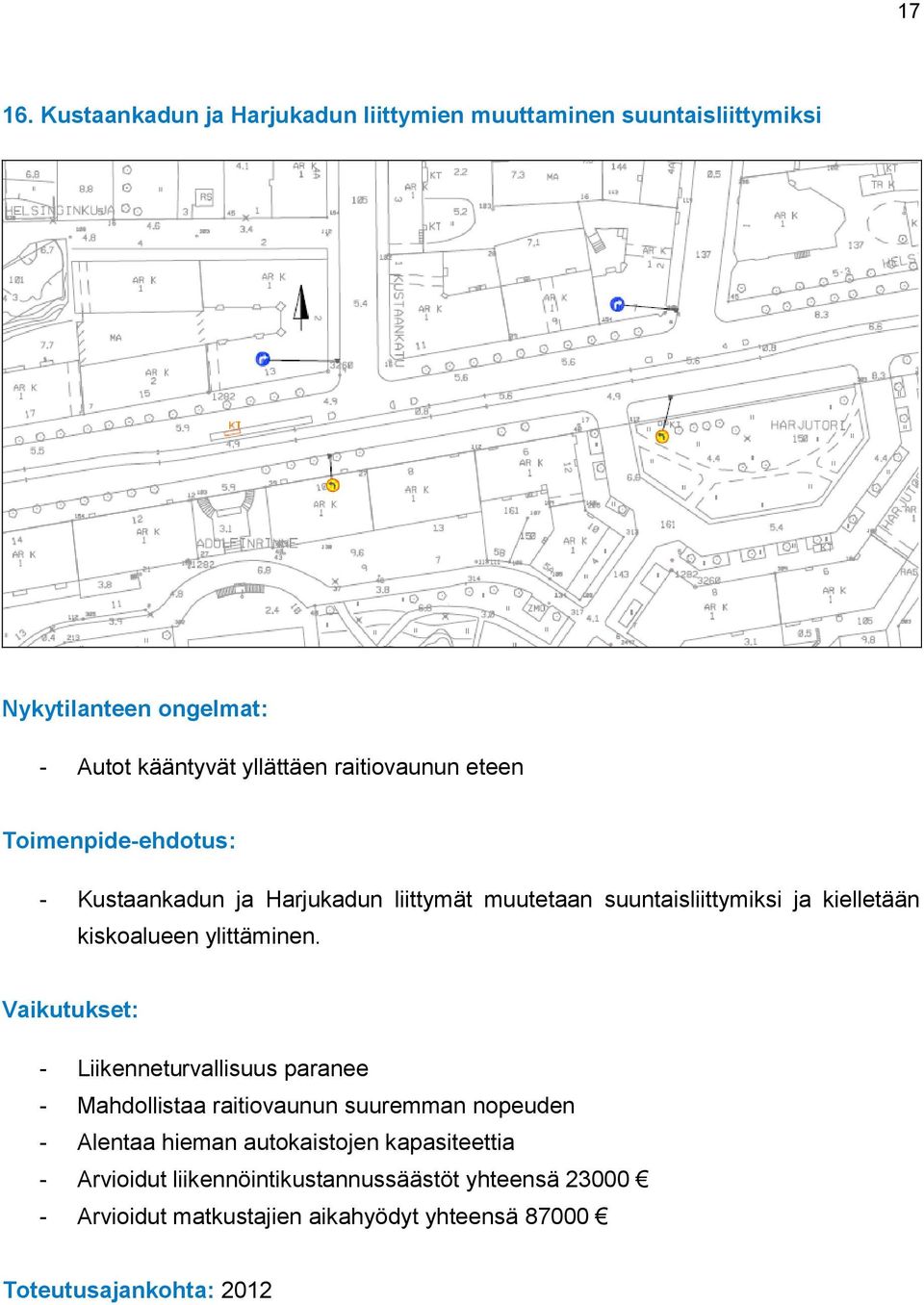 Kustaankadun ja Harjukadun liittymät muutetaan suuntaisliittymiksi ja kielletään kiskoalueen ylittäminen.