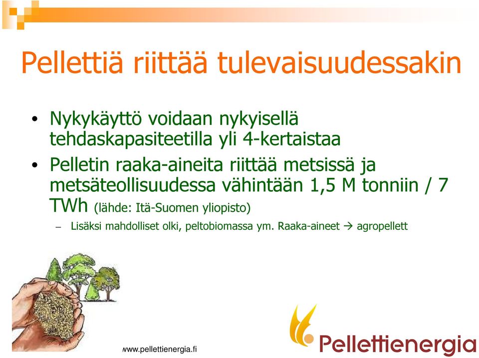 metsissä ja metsäteollisuudessa vähintään 1,5 M tonniin / 7 TWh (lähde: