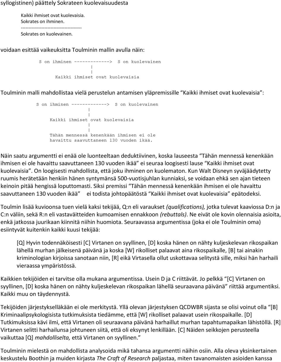 yläpremissille Kaikki ihmiset ovat kuolevaisia : S on ihminen -------------> S on kuolevainen Kaikki ihmiset ovat kuolevaisia Tähän mennessä kenenkään ihmisen ei ole havaittu saavuttaneen 130 vuoden
