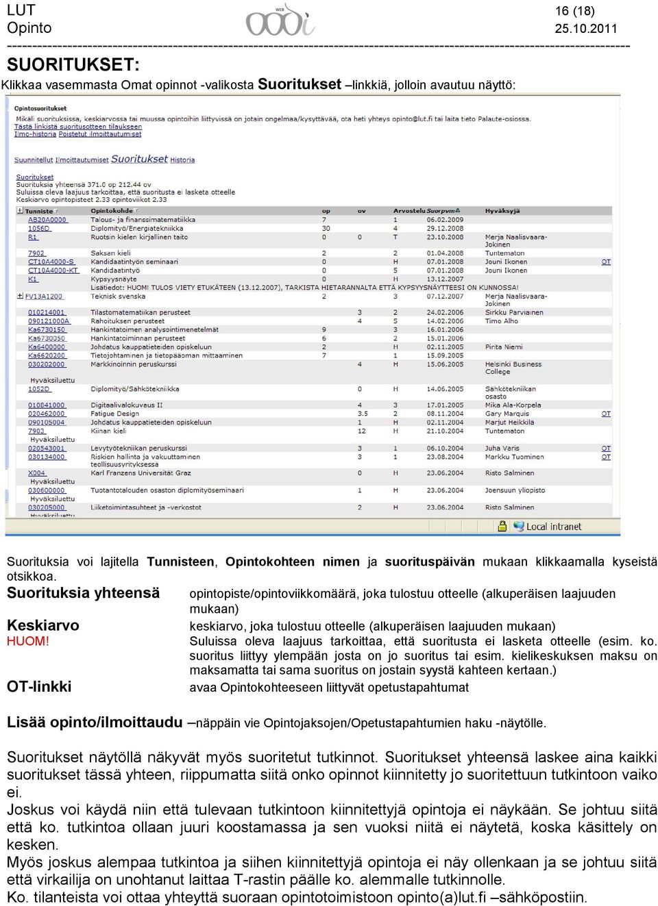 OT-linkki opintopiste/opintoviikkomäärä, joka tulostuu otteelle (alkuperäisen laajuuden mukaan) keskiarvo, joka tulostuu otteelle (alkuperäisen laajuuden mukaan) Suluissa oleva laajuus tarkoittaa,