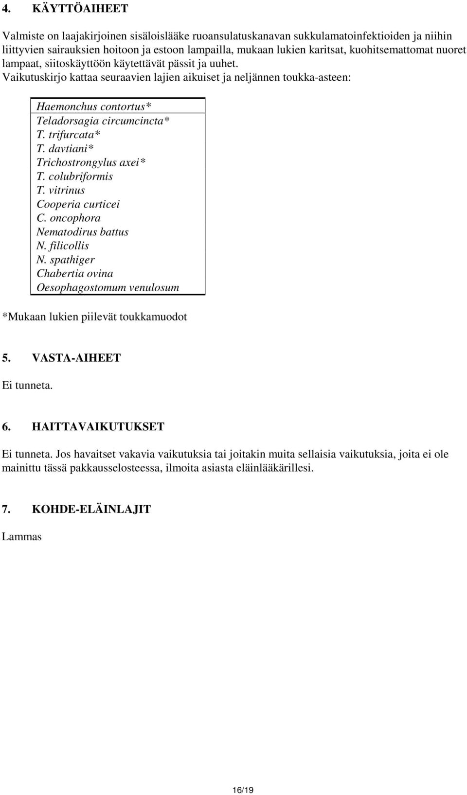 Vaikutuskirjo kattaa seuraavien lajien aikuiset ja neljännen toukka-asteen: Haemonchus contortus* Teladorsagia circumcincta* T. trifurcata* T. davtiani* Trichostrongylus axei* T. colubriformis T.