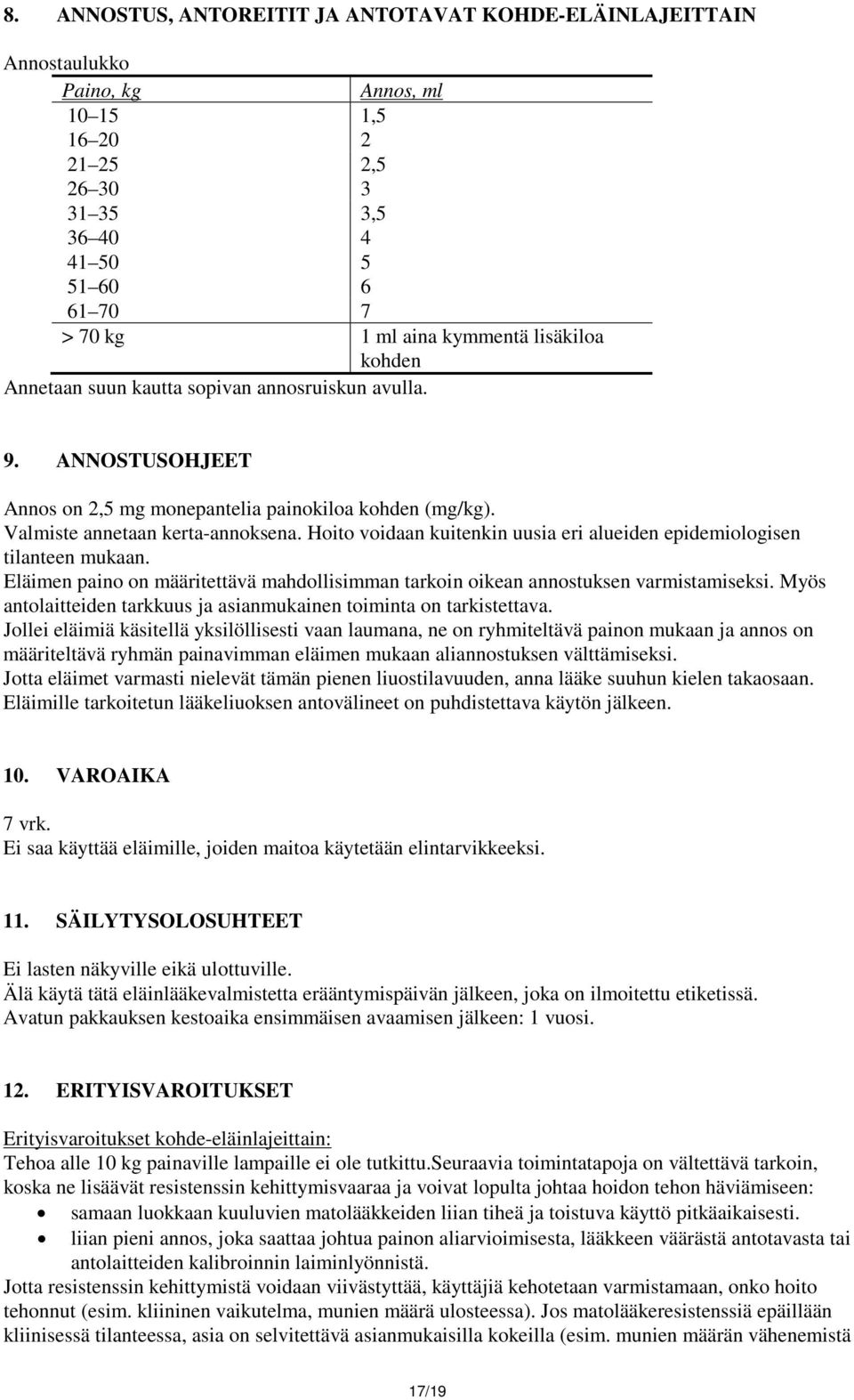 Hoito voidaan kuitenkin uusia eri alueiden epidemiologisen tilanteen mukaan. Eläimen paino on määritettävä mahdollisimman tarkoin oikean annostuksen varmistamiseksi.